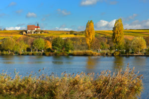 Deutschland, Bayern, Franken, Volkach, Wallfahrtskirche Maria im Weingarten über dem Fluss Main, Herbst Deutschland, Bayern, Franken, Volkach, Wallfahrtskirche Maria im Weingarten über dem Fluss Main, Herbst
