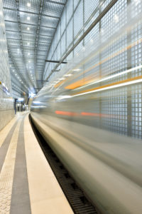 Germany, Saxony, Leipzig, City Tunnel Leipzig, station 'Wilhelm-Leuschner-Platz', arriving city train, bulb exposure, light traces