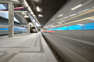 Germany, Saxony, Leipzig, City Tunnel Leipzig, station Bayerischer Bahnhof, arriving city train, bulb exposure, light traces