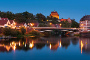 Havelberg with St. Marien Cathedral at dusk, reflection in the Havel River, Hanseatic City of Havelberg, Saxony-Anhalt, Germany