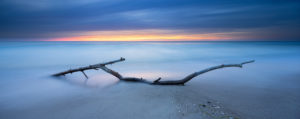 Panorama, afterglow on the beach of the Baltic Sea, branch in the surf, Fischland-Darß-Zingst peninsula, Western Pomerania Lagoon Area National Park, Mecklenburg-Western Pomerania, Germany