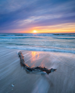 Sunset on the beach of the Baltic Sea, driftwood in the surf, Fischland-Darß-Zingst peninsula, Western Pomerania Lagoon Area National Park, Mecklenburg-Western Pomerania, Germany