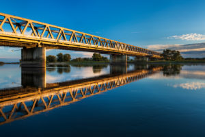 Railway bridge over the Elbe in the evening light, near Wittenberge, Brandenburg, Germany