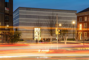Bauhaus Museum Weimar at dusk, light trails from cars, Weimar, Thuringia, Germany