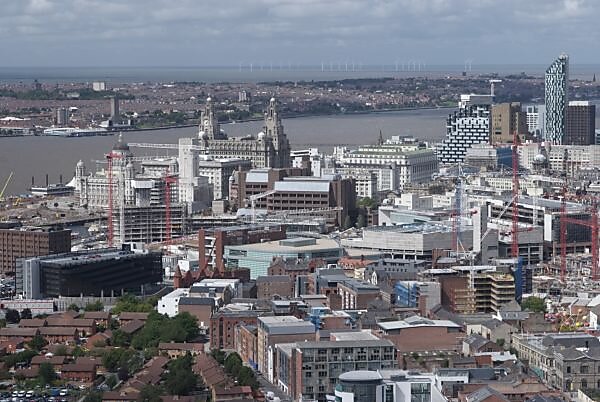 Bildagentur Mauritius Images Great Britain England Liverpool City Overview Series City Houses Buildings Building Sites Construction Cranes High Rises River Mersey Destination Tourism