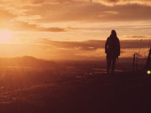 Silhouette of a woman in evening mood at Buchholz on the Elz Valley, Black ForeSt. Baden-Wuerttemberg, Germany