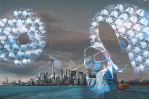 New York cityscape from Coney Island with doctor working in hospital, multiple exposure New York cityscape from Coney Island with doctor working in hospital, multiple exposure