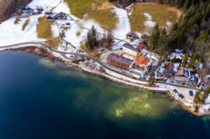 Germany, Bavaria,†Ramsau†bei†Berchtesgaden, Helicopter view of†village on shore of†Hintersee†lake Germany, Bavaria,†Ramsau†bei†Berchtesgaden, Helicopter view of†village on shore of†Hintersee†lake