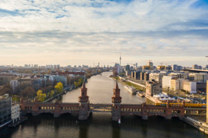 Germany, Berlin, Aerial view of Oberbaum Bridge and river Spree canal Germany, Berlin, Aerial view of Oberbaum Bridge and river Spree canal