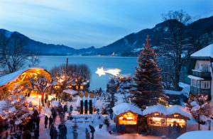 Austria, Salzkammergut, View of christmas market at Strobl am Wolfgangsee Austria, Salzkammergut, View of christmas market at Strobl am Wolfgangsee