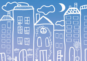 Whimsical cityscape illustration with buildings under a night sky