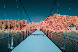 Pink infrared highlights nature around Salzburg's bridge