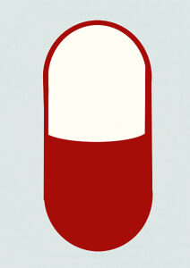 Illustration of a red and white pill capsule on a light background