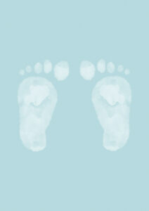 Watercolor illustration of baby footprints on a blue background
