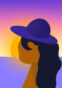 Abstract illustration of a person in a hat watching a sunset over the sea