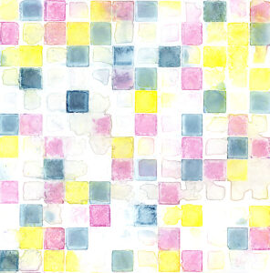Abstract watercolor background with colorful geometric squares and tiles