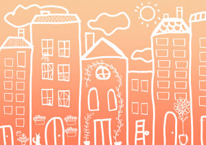 Whimsical cityscape illustration with buildings and sun on an orange gradient background