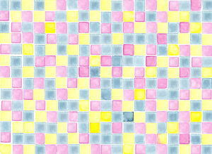 Abstract watercolor background with colorful geometric tiles and squares