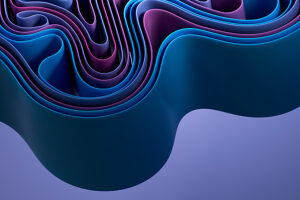 Abstract 3D rendering of layered waves in blue and purple tones