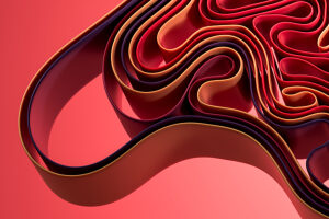 Abstract 3D design with curved and curled waves in red tones