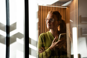 Business, Office, work, red-haired, smile, glasses, solutions, confidence, perspective, credibility, keep a clear view, communication