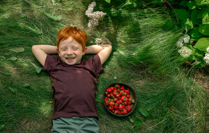 Laughing red-haired boy lying on grass with basket of strawberries outdoors