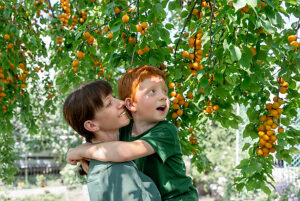 Mother holding red-haired boy under apricot tree in garden smiling