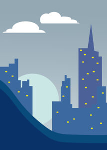 Urban night cityscape illustration with skyscrapers and moon