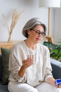 Mature woman at home holding medicine and reading pill packaging