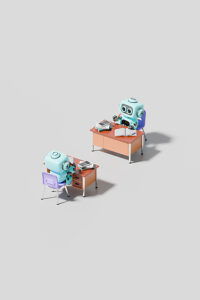 3d robot working at desks in an office coding and learning environment