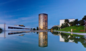 Wolfsburg, Autostadt, glass car silo, water reflexion, Wolfsburg, Autostadt, glass car silo, water reflexion,