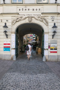 The Sünnhof-Passage with colorful umbrellas, passage and Biedermeier inner courtyard between Landstrasser Hauptstrasse and Ungargasse, 3rd district, Landstrasse, Vienna, Austria The Sünnhof-Passage with colorful umbrellas, passage and Biedermeier inner courtyard between Landstrasser Hauptstrasse and Ungargasse, 3rd district, Landstrasse, Vienna, Austria