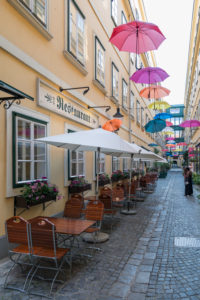 The Sünnhof-Passage with colorful umbrellas, passage and Biedermeier inner courtyard between Landstrasser Hauptstrasse and Ungargasse, 3rd district, Landstrasse, Vienna, Austria The Sünnhof-Passage with colorful umbrellas, passage and Biedermeier inner courtyard between Landstrasser Hauptstrasse and Ungargasse, 3rd district, Landstrasse, Vienna, Austria