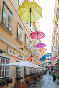 The Sünnhof-Passage with colorful umbrellas, passage and Biedermeier inner courtyard between Landstrasser Hauptstrasse and Ungargasse, 3rd district, Landstrasse, Vienna, Austria The Sünnhof-Passage with colorful umbrellas, passage and Biedermeier inner courtyard between Landstrasser Hauptstrasse and Ungargasse, 3rd district, Landstrasse, Vienna, Austria