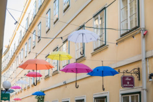 The Sünnhof-Passage with colorful umbrellas, passage and Biedermeier inner courtyard between Landstrasser Hauptstrasse and Ungargasse, 3rd district, Landstrasse, Vienna, Austria The Sünnhof-Passage with colorful umbrellas, passage and Biedermeier inner courtyard between Landstrasser Hauptstrasse and Ungargasse, 3rd district, Landstrasse, Vienna, Austria