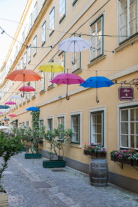 The Sünnhof-Passage with colorful umbrellas, passage and Biedermeier inner courtyard between Landstrasser Hauptstrasse and Ungargasse, 3rd district, Landstrasse, Vienna, Austria The Sünnhof-Passage with colorful umbrellas, passage and Biedermeier inner courtyard between Landstrasser Hauptstrasse and Ungargasse, 3rd district, Landstrasse, Vienna, Austria