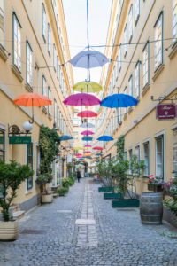The Sünnhof-Passage with colorful umbrellas, passage and Biedermeier inner courtyard between Landstrasser Hauptstrasse and Ungargasse, 3rd district, Landstrasse, Vienna, Austria The Sünnhof-Passage with colorful umbrellas, passage and Biedermeier inner courtyard between Landstrasser Hauptstrasse and Ungargasse, 3rd district, Landstrasse, Vienna, Austria