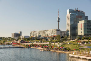 The leisure area CopaBeach on the Neue Donau, in the back buildings of the Danube City and the Danube Tower, 22nd district, Donaustadt, Vienna, Austria, The leisure area CopaBeach on the Neue Donau, in the back buildings of the Danube City and the Danube Tower, 22nd district, Donaustadt, Vienna, Austria,