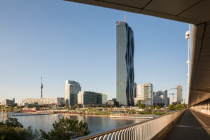 View from the Reichsbrücke to the leisure area CopaBeach on the New Danube, behind the buildings of the Danube City with the striking DC Tower 1, 22nd district, Donaustadt, Vienna, Austria, View from the Reichsbrücke to the leisure area CopaBeach on the New Danube, behind the buildings of the Danube City with the striking DC Tower 1, 22nd district, Donaustadt, Vienna, Austria,