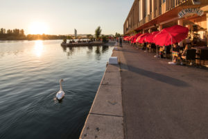 Evening mood at CopaBeach on the New Danube, leisure area and restaurant Rembetiko, 22nd district, Donaustadt, Vienna, Austria, Evening mood at CopaBeach on the New Danube, leisure area and restaurant Rembetiko, 22nd district, Donaustadt, Vienna, Austria,
