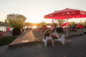 The CopaBeach on the New Danube, view towards Danube Island and sunset, 22nd district, Donaustadt, Vienna, Austria, The CopaBeach on the New Danube, view towards Danube Island and sunset, 22nd district, Donaustadt, Vienna, Austria,