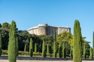 Suze-la-Rousse, Drôme, Provence, Provence-Alpes-Côte d'Azur, France, Renaissance castle Suze-la-Rousse built in in the 16th century, at dusk Suze-la-Rousse, Drôme, Provence, Provence-Alpes-Côte d'Azur, France, Renaissance castle Suze-la-Rousse built in in the 16th century, at dusk
