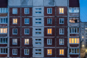 Zhytomyr, Zhytomyr Oblast, Ukraine, estate of prefabricated houses at dusk Zhytomyr, Zhytomyr Oblast, Ukraine, estate of prefabricated houses at dusk