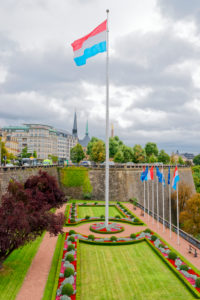 Luxembourg national flag in the park at the Place de la Constitution, Luxembourg City, Luxembourg, Luxembourg national flag in the park at the Place de la Constitution, Luxembourg City, Luxembourg,