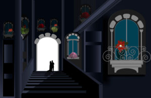 Couple, alley, stairs, illustration, graphic Couple, alley, stairs, illustration, graphic