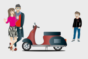 Family with scooter, illustration, graphic Family with scooter, illustration, graphic