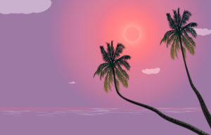 two palm trees, sky, suns clouds, beach, illustration, graphic two palm trees, sky, suns clouds, beach, illustration, graphic