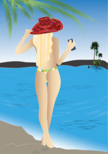 Woman with sunhat and smartphone at the beach, illustration, graphic Woman with sunhat and smartphone at the beach, illustration, graphic