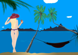 Woman with sunhat and smartphone at the beach, palm trees, hammock, illustration, graphic Woman with sunhat and smartphone at the beach, palm trees, hammock, illustration, graphic