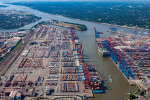 Container port, aerial view, Hamburg, Germany Container port, aerial view, Hamburg, Germany